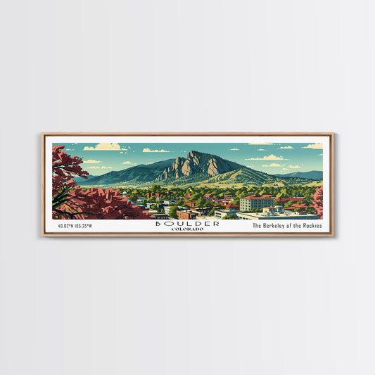 Boulder Colorado Panoramic Painting, Mid Century Modern Framed Canvas Print, Retro Pop Art Travel Poster, Living Room Wall Art Decor, City Print