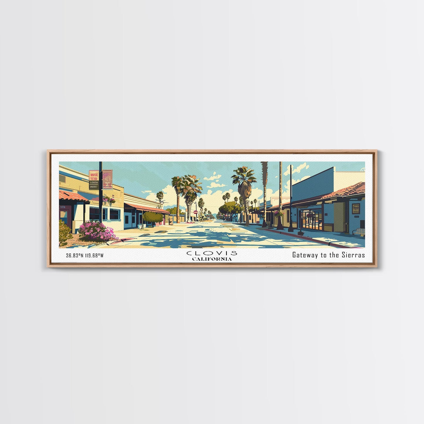 Clovis California Panoramic Wall Art, Mid Century Modern Framed Canvas Print, Retro Pop Art Travel Poster, City Office Decor, Home Art