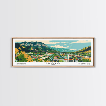Panoramagemälde von Provo, Utah, gerahmter Leinwanddruck im Mid-Century-Modern-Stil, Retro-Pop-Art-Reiseposter, Stadtbild, Wanddekoration fürs Büro, Wohnzimmerbild