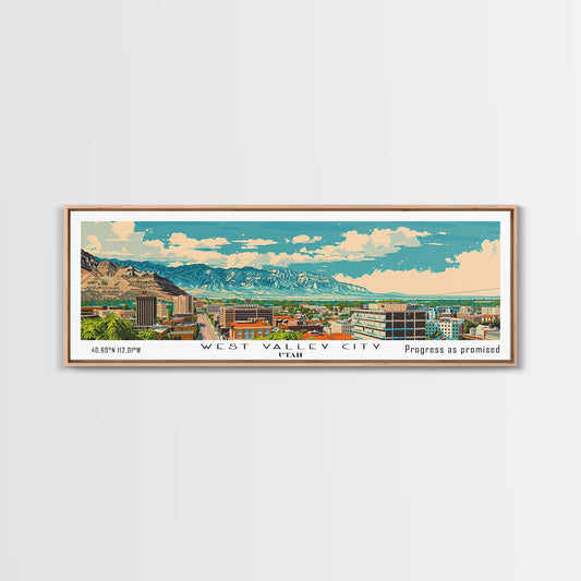 West Valley City Utah Panoramic Painting, Mid Century Modern Framed Canvas Print, Retro Pop Art Travel Poster, Office Wall Art, Home Decoration
