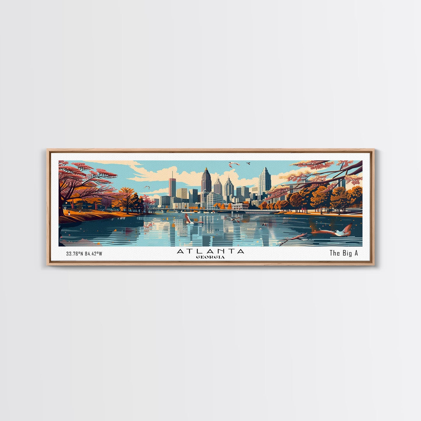 Atlanta Georgia Panoramic Painting, Framed Canvas Print, Mid Century Modern Wall Art, Retro Pop Art Travel Poster, Home Decor, City Art