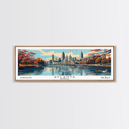 Atlanta Georgia Panoramic Painting, Framed Canvas Print, Mid Century Modern Wall Art, Retro Pop Art Travel Poster, Home Decor, City Art