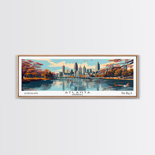 Atlanta Georgia Panoramic Painting, Framed Canvas Print, Mid Century Modern Wall Art, Retro Pop Art Travel Poster, Home Decor, City Art