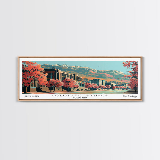 Colorado Springs Colorado Panoramic Painting, Framed Canvas Print, Mid Century Modern Wall Art, Retro Pop Art Travel Poster, Office Decor, City Art