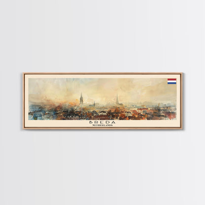 Breda Netherlands Panoramic Travel Poster, Framed Canvas Print or Metal Wall Art, Travel Art, Home Decor, Panoramic Painting, Midcentury Art
