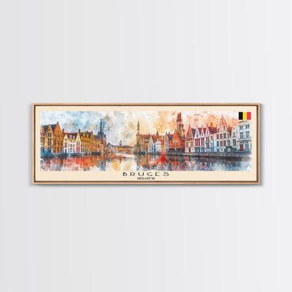 Bruges Belgium Travel Art, City Art, Framed Canvas Print or Metal Wall Art, Europe Travel Poster, Panoramic Wall Art, Extra Wide Wall Art