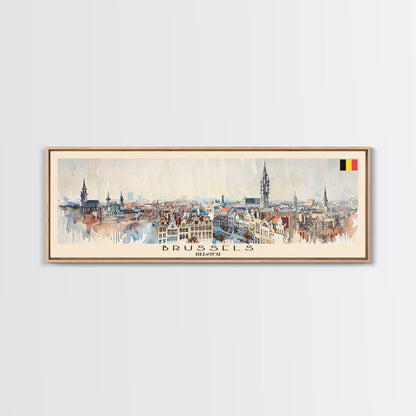Brussels Belgium Panoramic Travel Poster, Framed Canvas Print or Metal Wall Art, Travel Art, Home Decor, Panoramic Painting, Midcentury Art