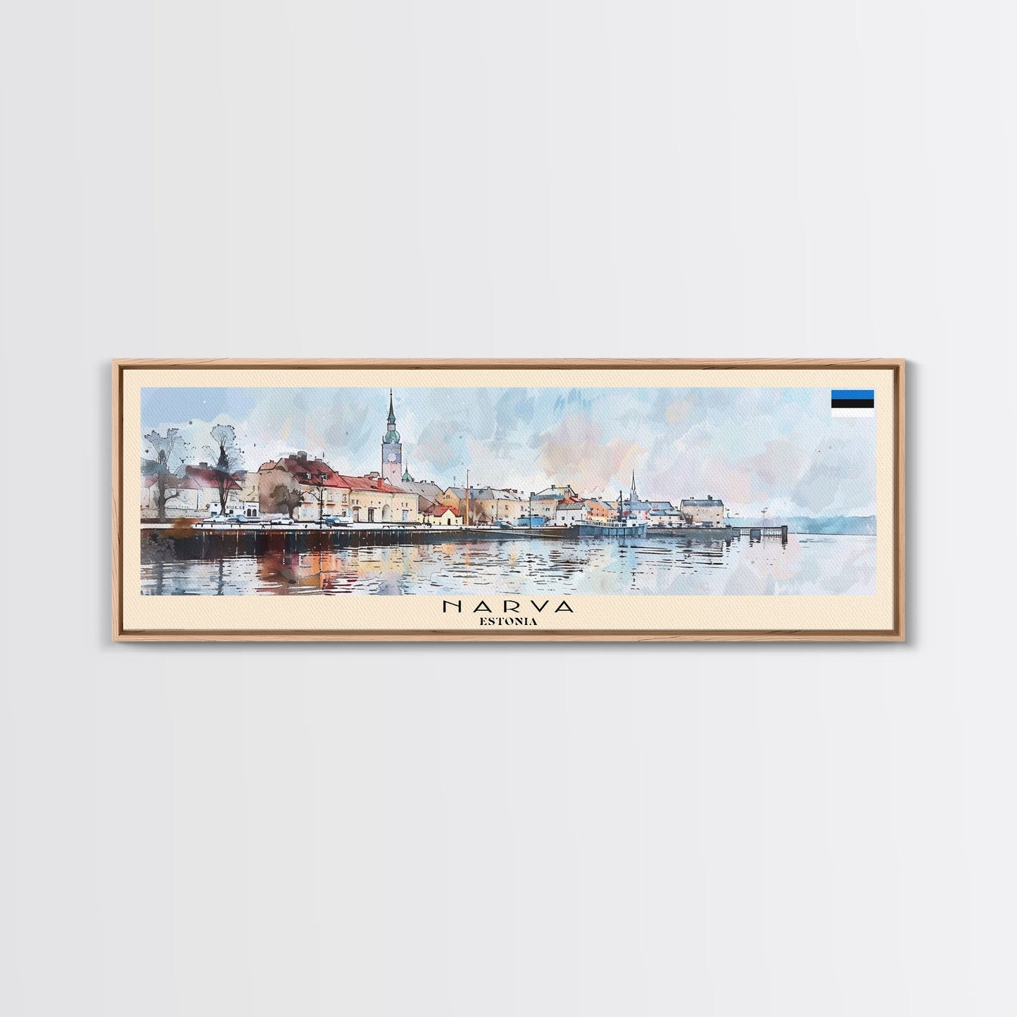 Narva, Estland – Panorama-Reiseposter, gerahmter Leinwanddruck oder Wandbild aus Metall, Reisekunst, Wohndekoration, Panoramagemälde, Kunst der Mitte des 20. Jahrhunderts