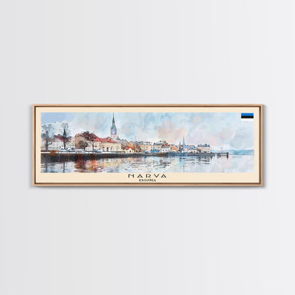 Narva, Estland – Panorama-Reiseposter, gerahmter Leinwanddruck oder Wandbild aus Metall, Reisekunst, Wohndekoration, Panoramagemälde, Kunst der Mitte des 20. Jahrhunderts