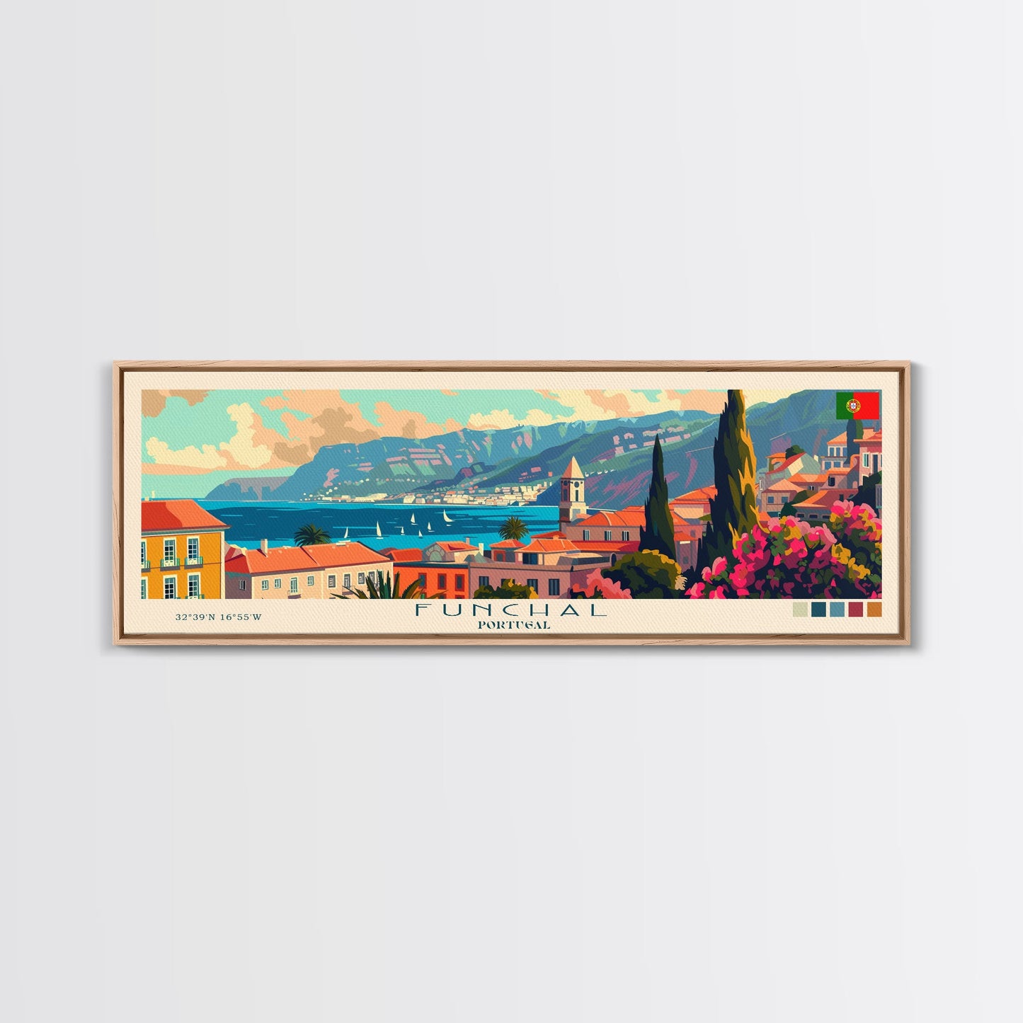 Funchal Portugal Travel Print Wall Art, Panoramic City Art, Travel Art, Wall Decor, Vacation Gift, Framed Canvas Print Or Metal Art