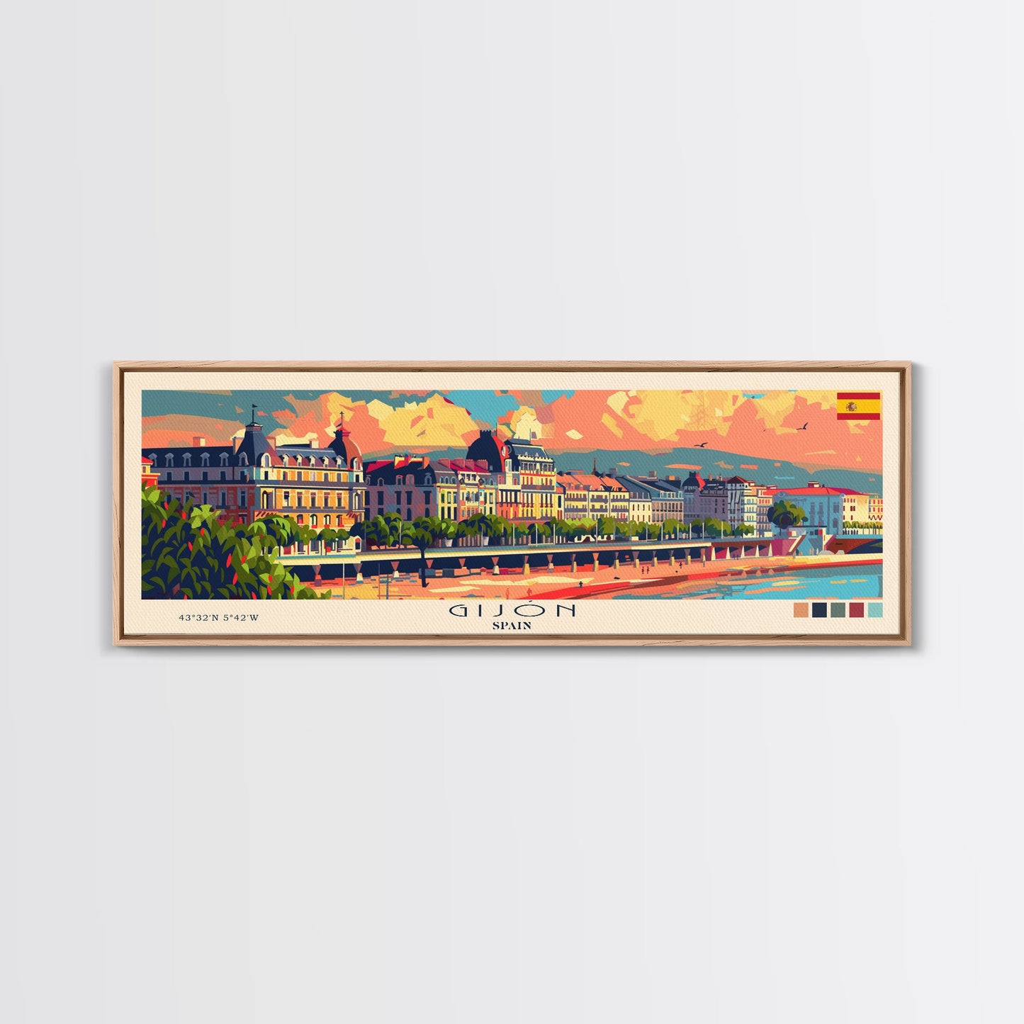 Gijón, Spanien – Kunstdruck für die Wand, Panorama-Stadtbild, Reisekunst, Wanddekoration, Urlaubsgeschenk, gerahmter Leinwanddruck oder Metallbild