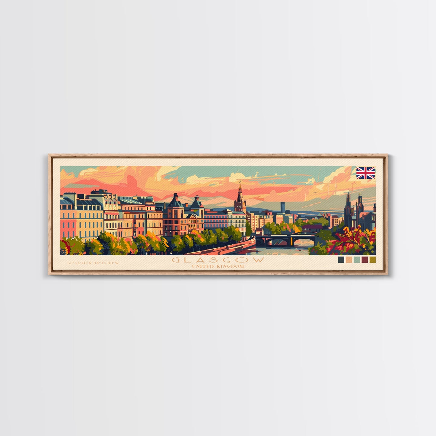 Glasgow, Vereinigtes Königreich – Reisekunst, Stadtkunst, gerahmter Leinwanddruck oder Wandbild aus Metall, Europa-Reiseposter, Panorama-Wandbild, extra breites Wandbild
