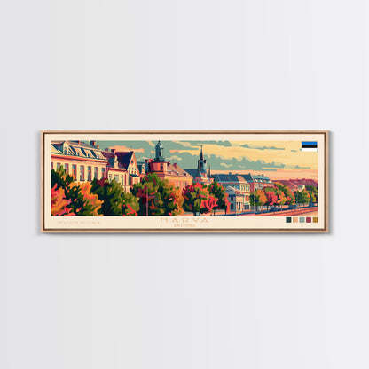 Narva, Estland – Panorama-Reiseposter, gerahmter Leinwanddruck oder Wandbild aus Metall, Reisekunst, Wohndekoration, Panoramagemälde, Kunst der Mitte des 20. Jahrhunderts