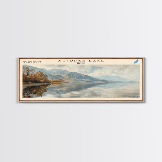 Alturas Lake Idaho Panoramic Framed Canvas Print, Lake House Art, Boho Decor, Travel Poster, Nature Wall Art, Watercolor Painting