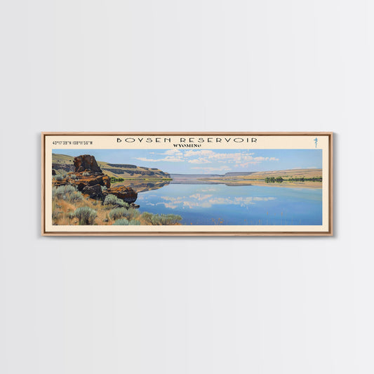 Boysen Reservoir Wyoming Framed Canvas Print, Lake House Art, Panoramic Wall Art, Travel Poster, Minimalist Lake Painting, Home Decor
