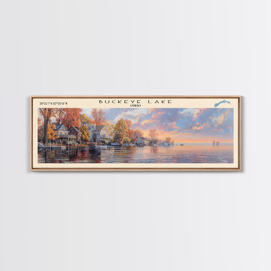 Buckeye Lake Ohio Framed Canvas Print, Panoramic Lake House Art, Wall Art, Travel Poster, Vintage Lake Painting, Home Decor