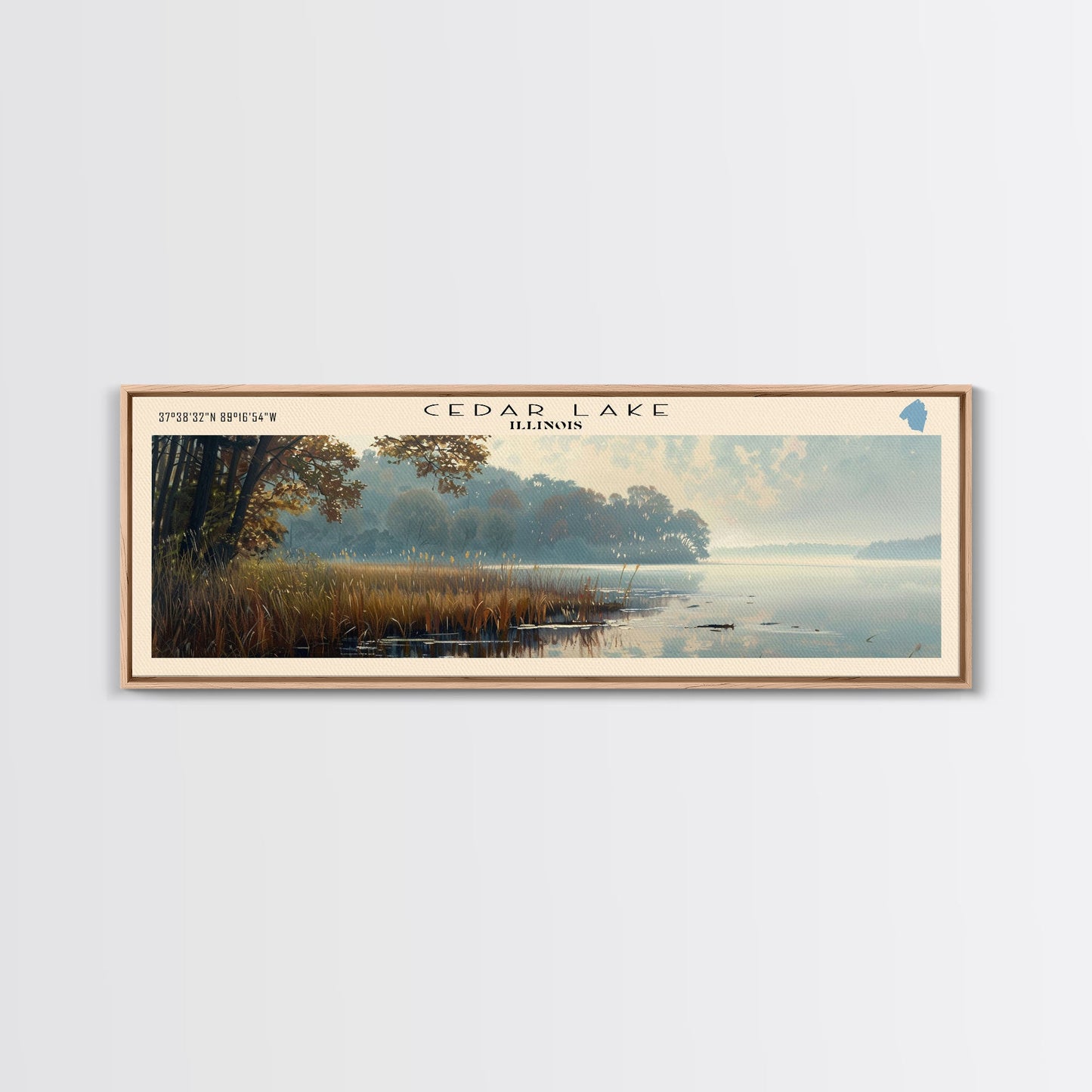 Cedar Lake Illinois Framed Canvas Print, Lake House Art, Panoramic Wide Art, Travel Poster, Minimalist Lake Painting, Home Decor
