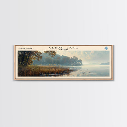 Cedar Lake Illinois Framed Canvas Print, Lake House Art, Panoramic Wide Art, Travel Poster, Minimalist Lake Painting, Home Decor