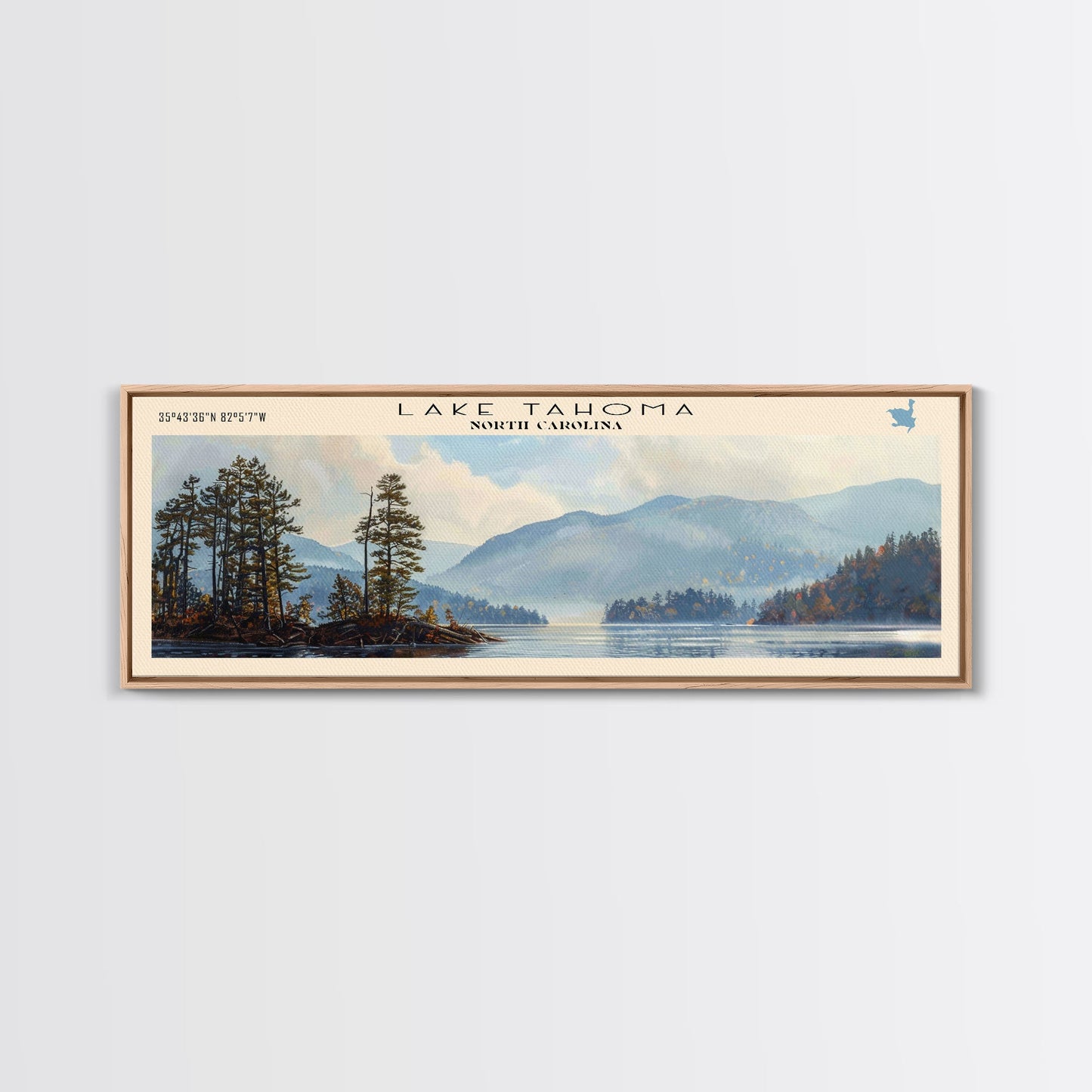 Lake Tahoma North Carolina Framed Canvas Print, Lake House Decor, Panoramic Wall Art, Travel Poster, Serene Landscape Painting, Rustic Art