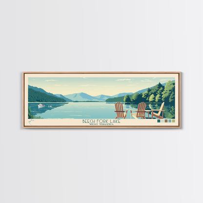 Beech Fork Lake West Virginia Framed Canvas Print, Panoramic Wall Art, Midcentury Modern, Pop Art, Travel Poster, Scenic Lake House Decor, Bedroom Art