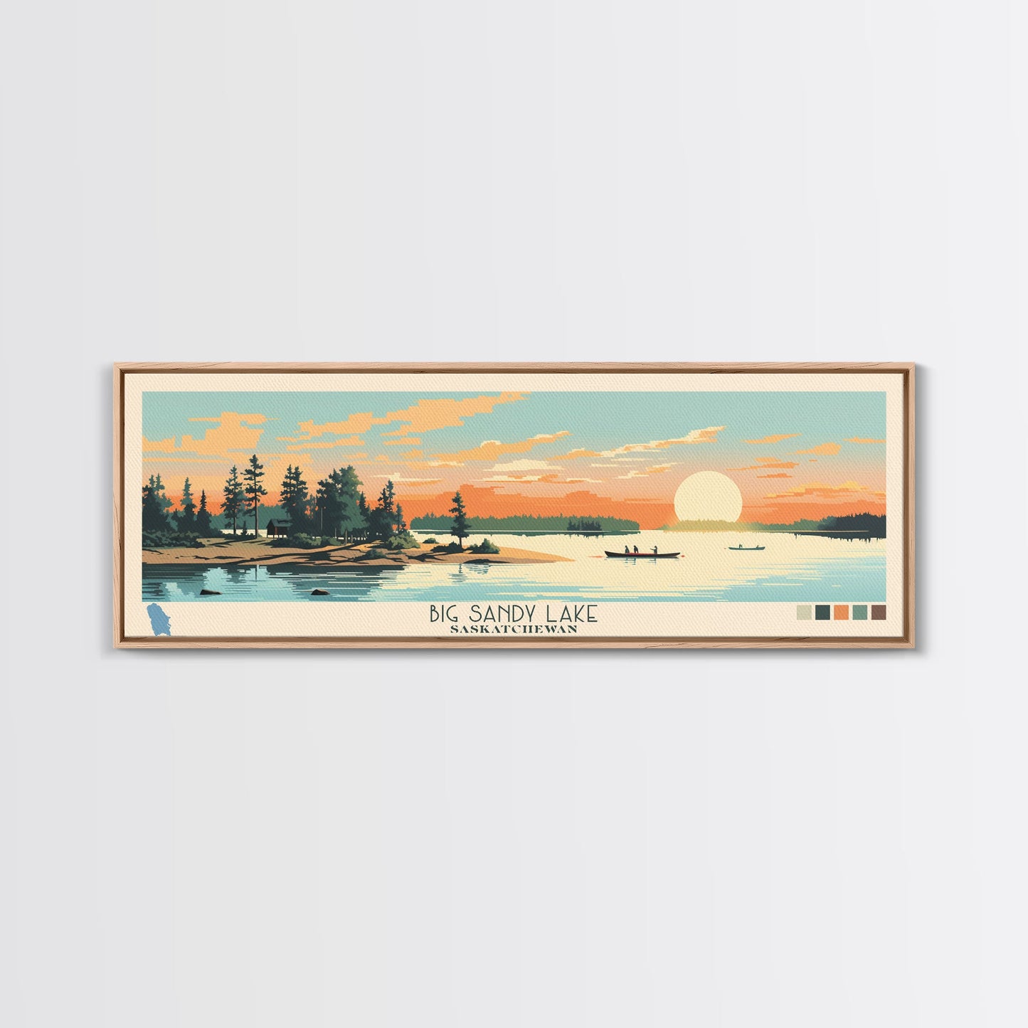 Big Sandy Lake Saskatchewan Framed Canvas Print, Panoramic Travel Poster, Midcentury Modern Wall Art, Pop Art, Lake House Decor, Nature Art