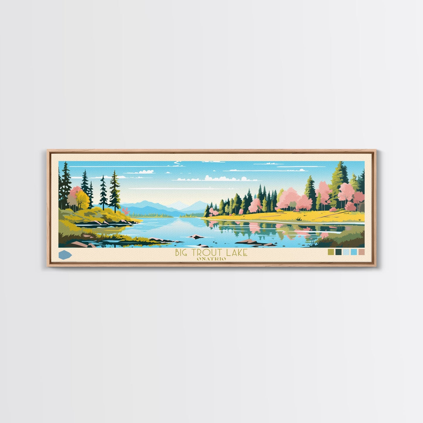 Big Trout Lake Ontario Framed Canvas Print, Panoramic Travel Poster, Midcentury Modern Wall Art, Pop Art, Nature Living Room Art, Lake House Decor