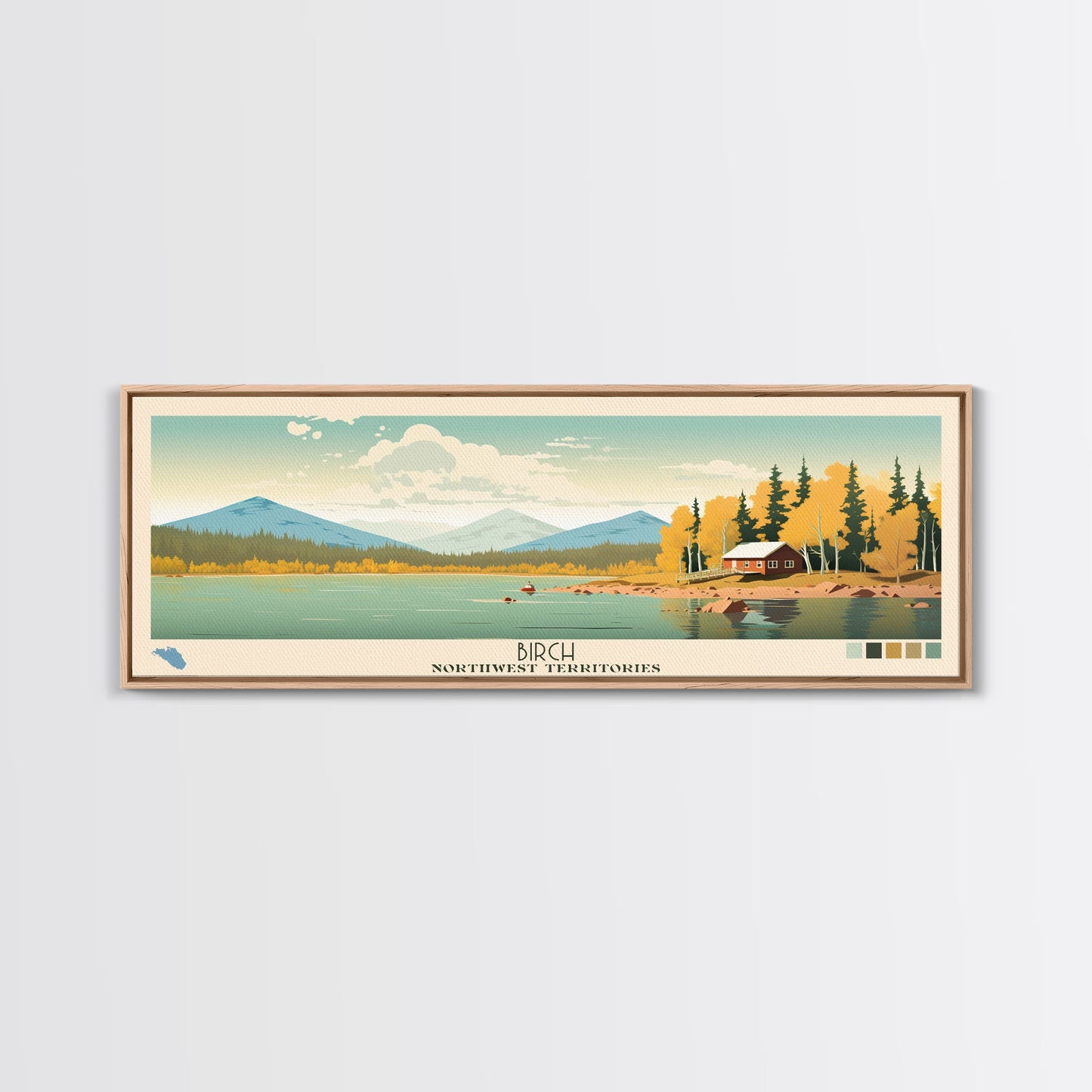 Birch Northwest Territories Framed Canvas Print, Panoramic Wall Art, Midcentury Modern, Pop Art, Travel Poster, Scenic Living Room Decor, Lake House Art