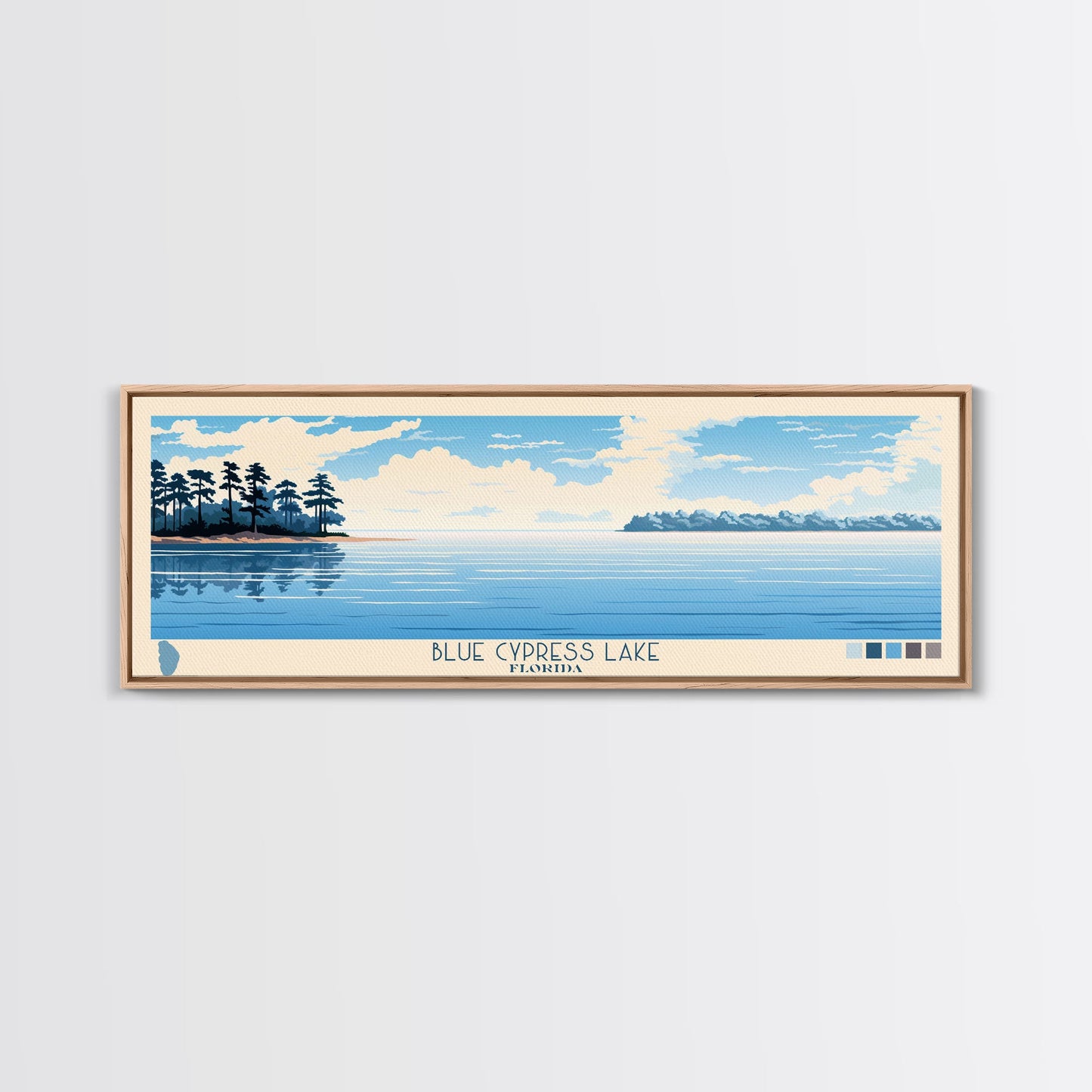 Blue Cypress Lake Florida Framed Canvas Print, Panoramic Wall Art, Midcentury Modern, Pop Art, Travel Poster, Scenic Living Room Art, Lake House Decor