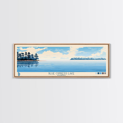 Blue Cypress Lake Florida Framed Canvas Print, Panoramic Wall Art, Midcentury Modern, Pop Art, Travel Poster, Scenic Living Room Art, Lake House Decor