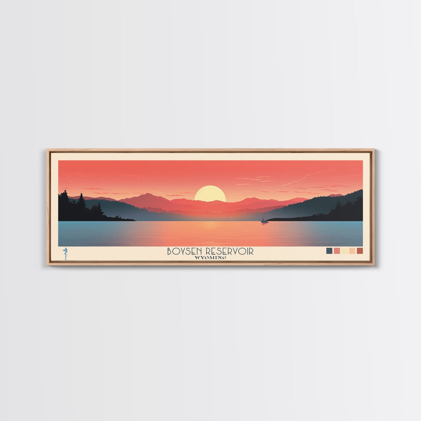 Boysen Reservoir Wyoming Framed Canvas Print, Panoramic Travel Poster, Midcentury Modern Wall Art, Pop Art, Nature Bedroom Decor, Scenic Lake House Art