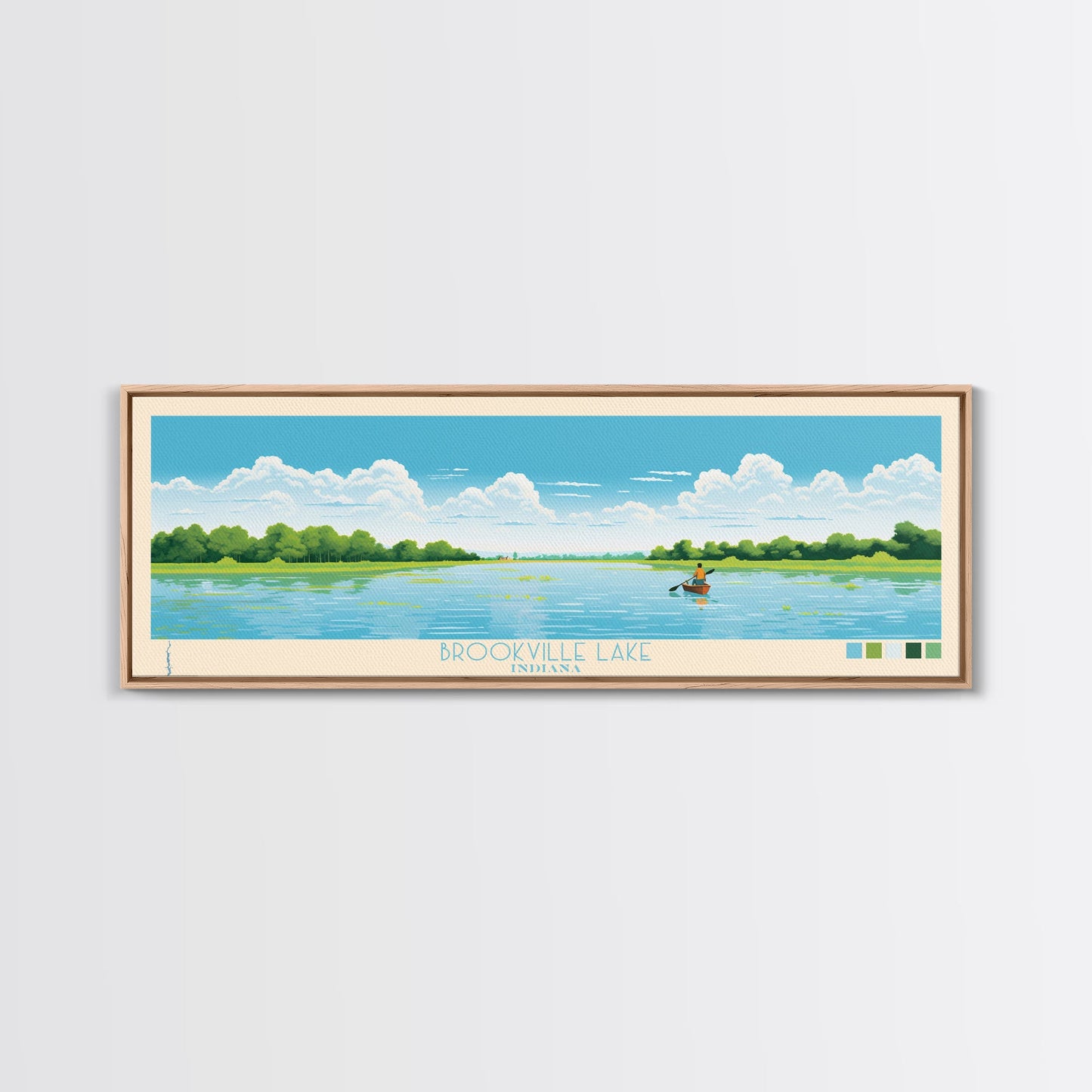 Brookville Lake Indiana Framed Canvas Print, Midcentury Modern Panoramic Wall Art, Living Room Decor, Pop Art, Travel Poster Art, Nature Painting
