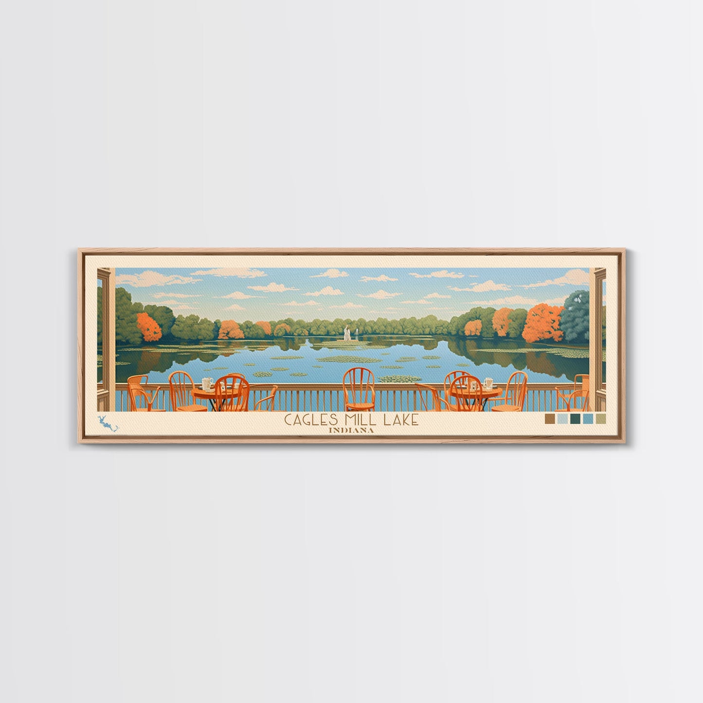 Cagles Mill Lake Indiana Framed Canvas Print, Midcentury Modern Panoramic Wall Art, Living Room Decor, Pop Art, Travel Poster Art, Scenic Nature Painting