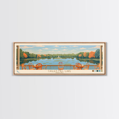 Cagles Mill Lake Indiana Framed Canvas Print, Midcentury Modern Panoramic Wall Art, Living Room Decor, Pop Art, Travel Poster Art, Scenic Nature Painting