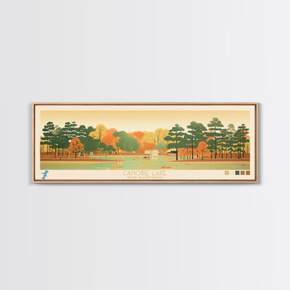 Canobie Lake New Hamphire Framed Canvas Print, Midcentury Modern Panoramic Wall Art, Living Room Decor, Pop Art, Travel Poster Art, Scenic Nature Painting