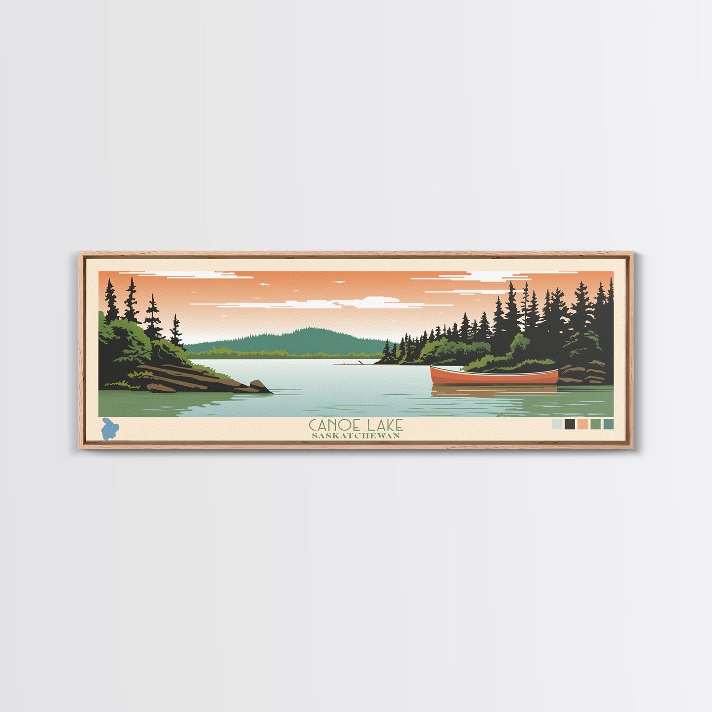 Canoe Lake Saskatchewan Framed Canvas Print, Midcentury Modern Panoramic Wall Art, Living Room Decor, Pop Art, Travel Poster Art, Scenic Nature Painting