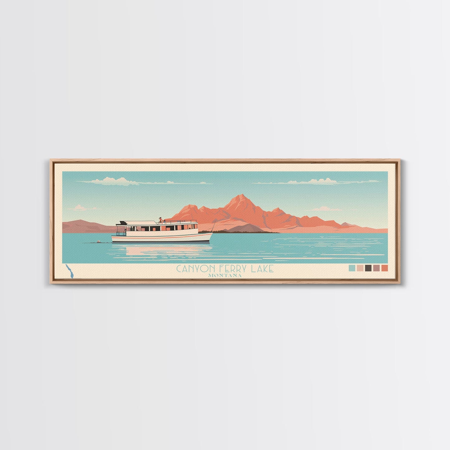 Canyon Ferry Lake Montana Framed Canvas Print, Pop Art Panoramic Travel Poster, Bedroom Decor, Midcentury Modern, Wall Art, Scenic Lake House, Nature Art