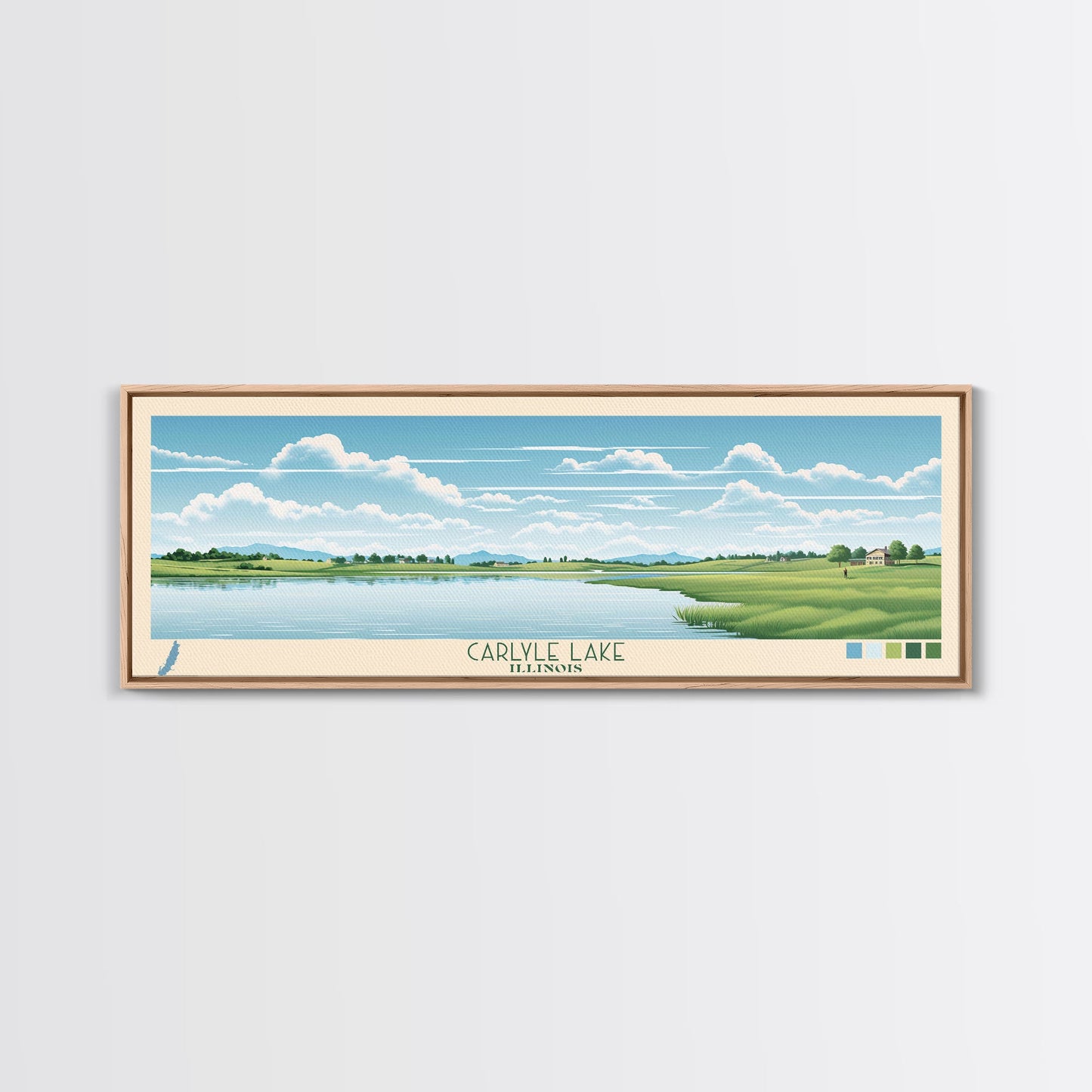 Carter Lake Nebraska Framed Canvas Print, Midcentury Modern Panoramic Wall Art, Living Room Decor, Pop Art, Travel Poster Art, Scenic Nature Painting, Lake House Decor