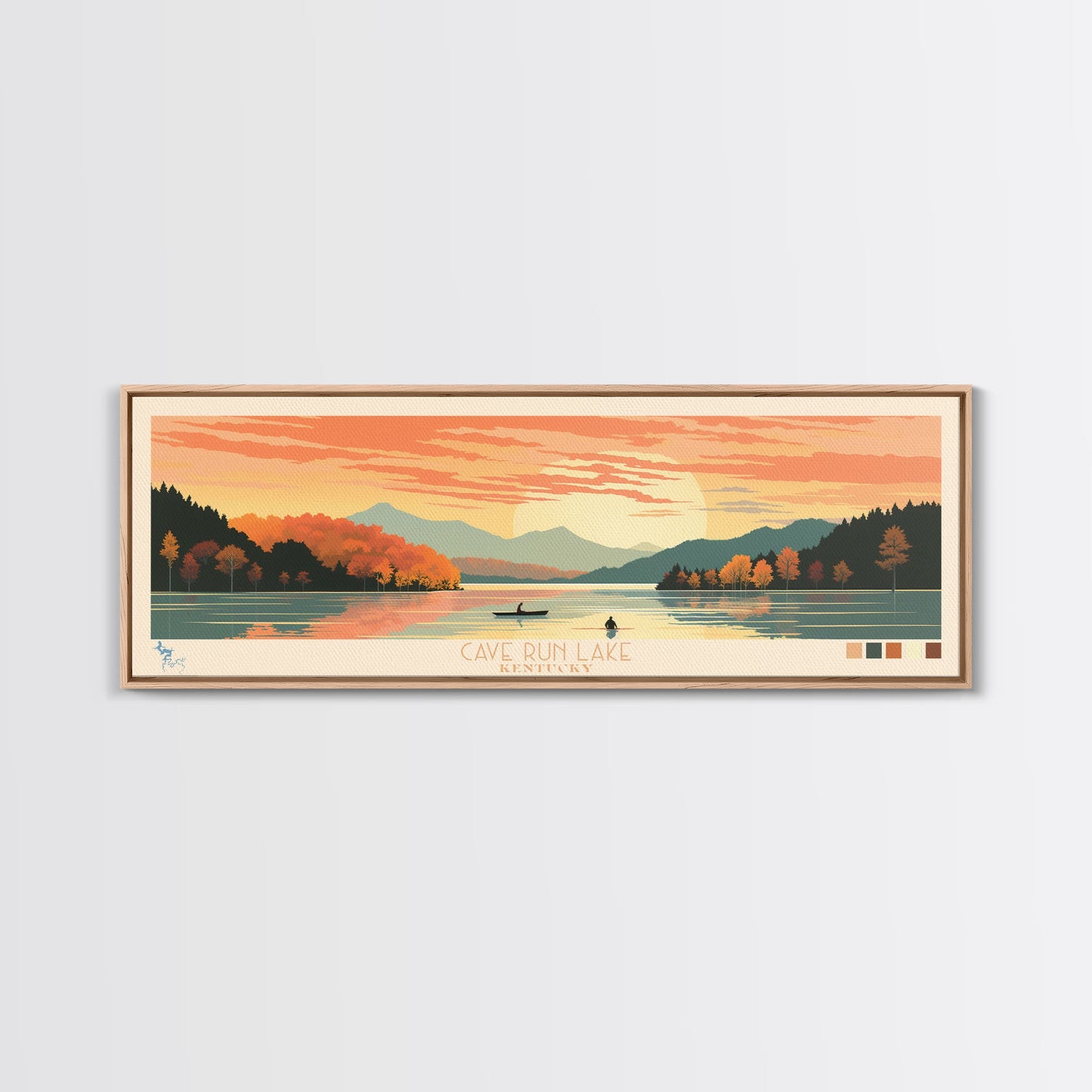 Cave Run Lake Kentucky Framed Canvas Print, Midcentury Modern Panoramic Wall Art, Living Room Decor, Pop Art, Travel Poster Art, Nature Art, Lake House Decor