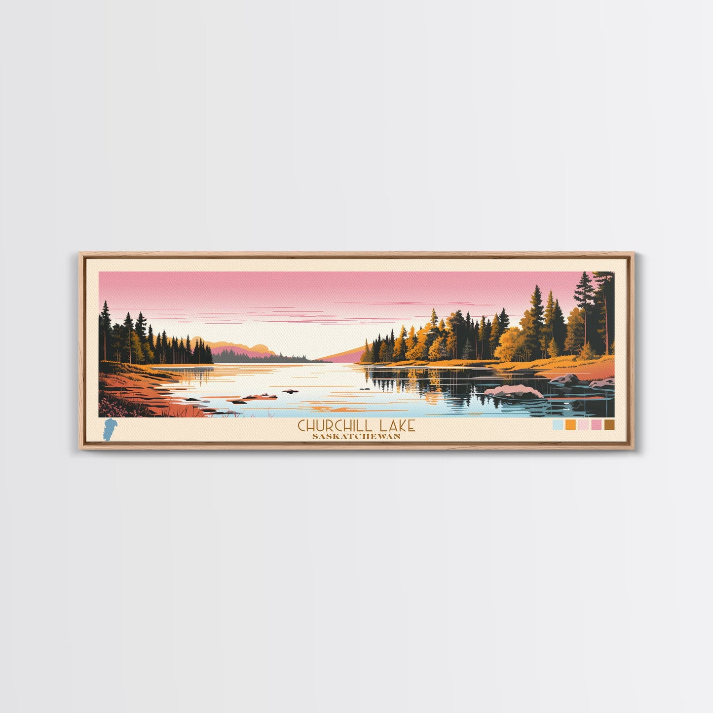 Churchill Lake Saskatchewan Framed Canvas Print, Midcentury Modern Panoramic Wall Art, Living Room Decor, Pop Art, Travel Poster Art, Scenic Nature Painting, Lake House Decor
