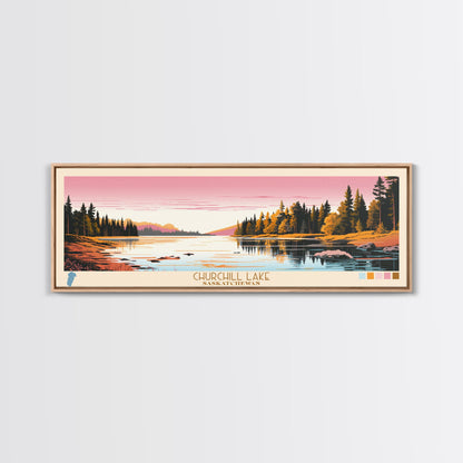 Churchill Lake Saskatchewan Framed Canvas Print, Midcentury Modern Panoramic Wall Art, Living Room Decor, Pop Art, Travel Poster Art, Scenic Nature Painting, Lake House Decor