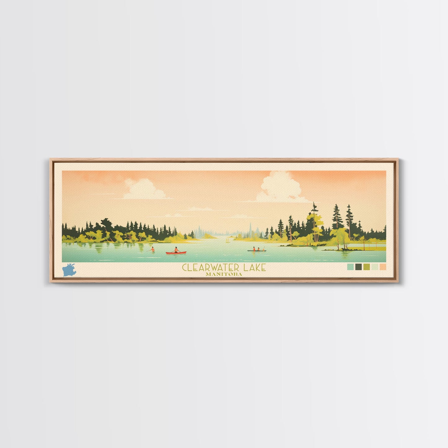 Clearwater Lake Manitoba Framed Canvas Print, Midcentury Modern Panoramic Wall Art, Living Room Decor, Pop Art, Travel Poster Art, Scenic Nature Painting, Lake House Decor