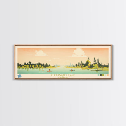 Clearwater Lake Manitoba Framed Canvas Print, Midcentury Modern Panoramic Wall Art, Living Room Decor, Pop Art, Travel Poster Art, Scenic Nature Painting, Lake House Decor