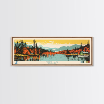 Echo Lake Montana Framed Canvas Print, Panoramic Wall Art, Midcentury Modern, Pop Art, Living Room Decor, Travel Poster, Nature Art