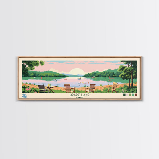 Grape Lake Ohio Framed Canvas Print, Panoramic Wall Art, Midcentury Modern, Pop Art, Living Room Wall Art, Travel Poster, Artistic Decor, Nature Art