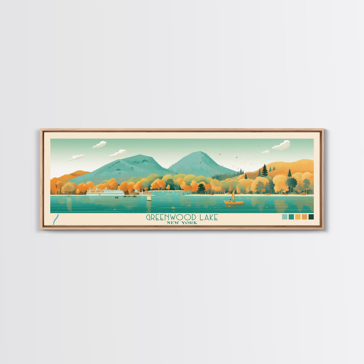 Greenwood Lake New York Framed Canvas Print, Panoramic Art, Midcentury Modern, Pop Art, Bedroom Decor, Travel Poster, Lake House Decor