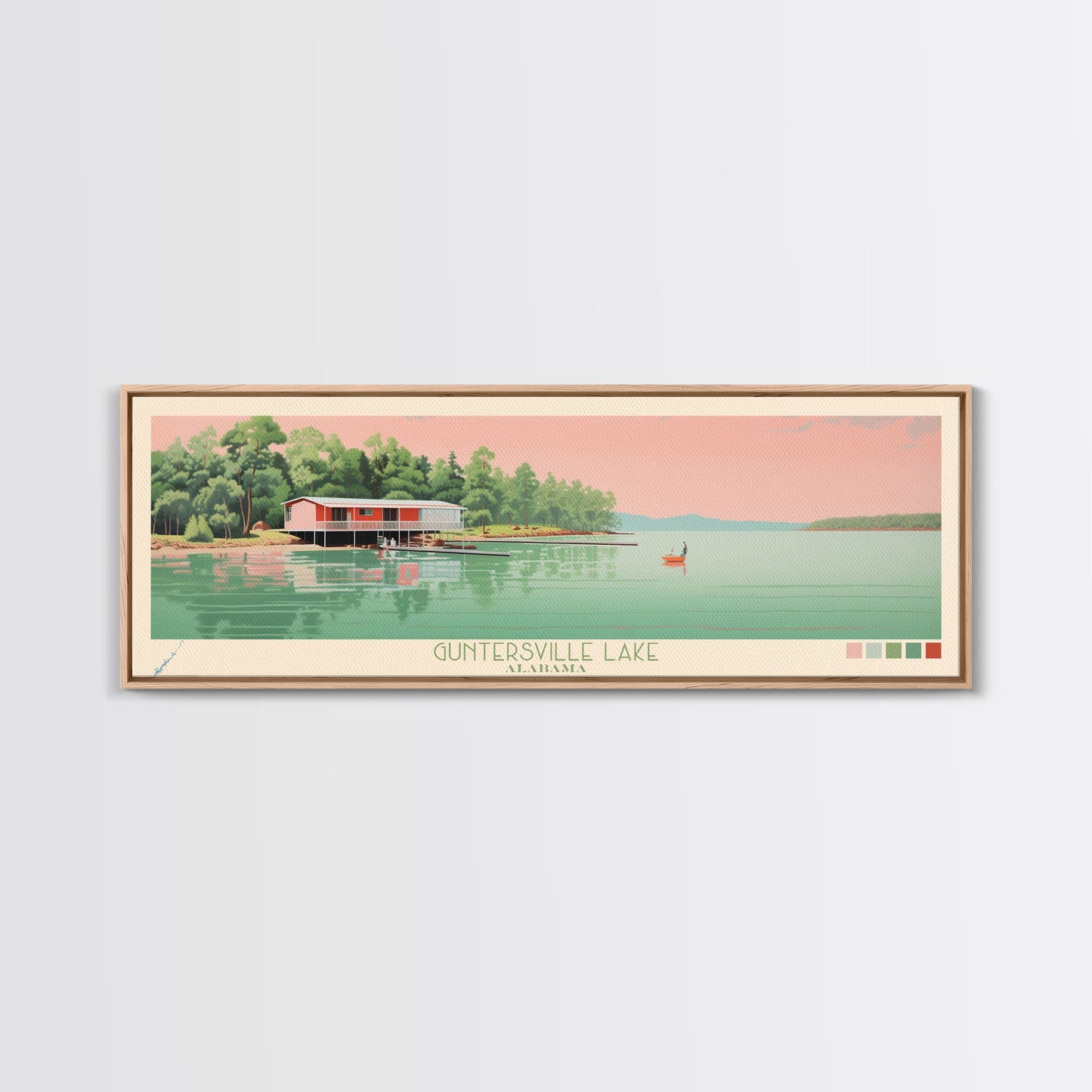 Guntersville Lake Alabama Framed Canvas Print, Panoramic Wall Art, Midcentury Modern, Pop Art, Living Room Wall Art, Travel Poster, Nature Art, Home Decor