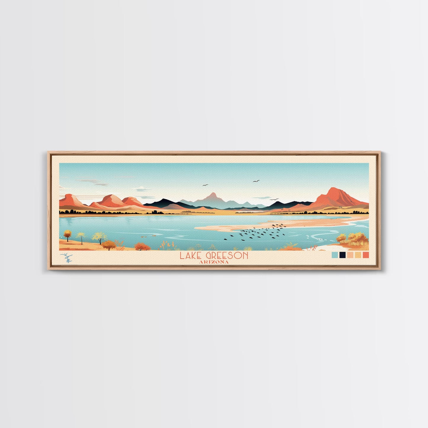 Leinwanddruck „Lake Greenson, Arizona“ mit Rahmen, Panorama-Wandbild, Midcentury Modern, Pop Art, Wohnzimmerdekoration, Reiseposter, Schlafzimmerkunst