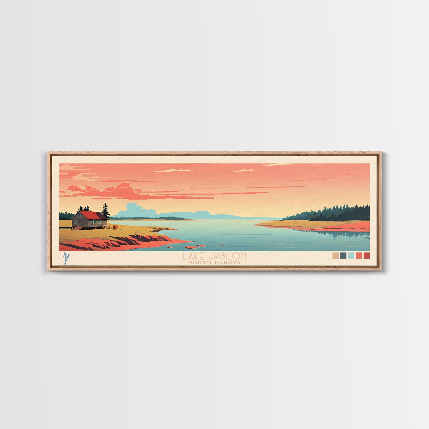 Lake Upsilon, North Dakota Panoramic Wall Art Framed Canvas Print, Midcentury Modern, Pop Art, Home Decor, Travel Poster, Living Room Art