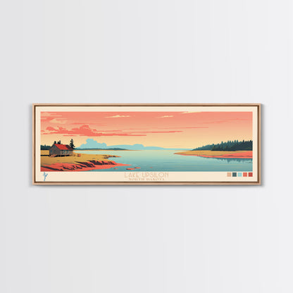 Lake Upsilon, North Dakota Panoramic Wall Art Framed Canvas Print, Midcentury Modern, Pop Art, Home Decor, Travel Poster, Living Room Art