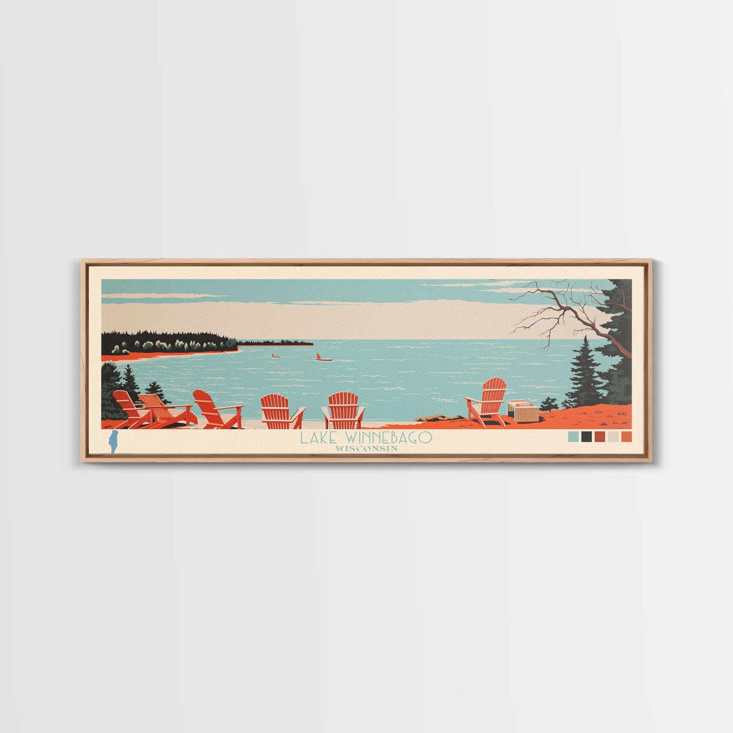 Lake Winnebago, Wisconsin Panoramic Wall Art Framed Canvas Print, Midcentury Modern, Pop Art, Home Decor, Travel Poster, Living Room Art